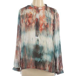 a.n.a Shades of Blue & Brown Watercolor Print Semi-Sheer Popover Tunic Size L
